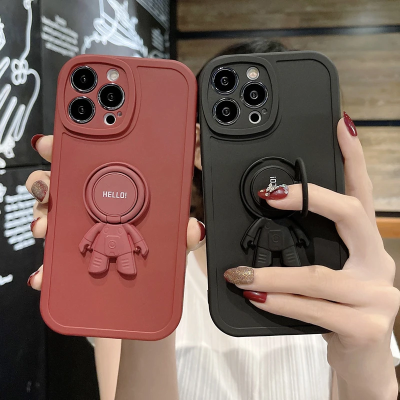

Creative Soft Silicone Astronaut Bracket Phone Case For iPhone 13 12 11 Pro Max X XR XS Max 7 8Plus Ring Holder Back Cover