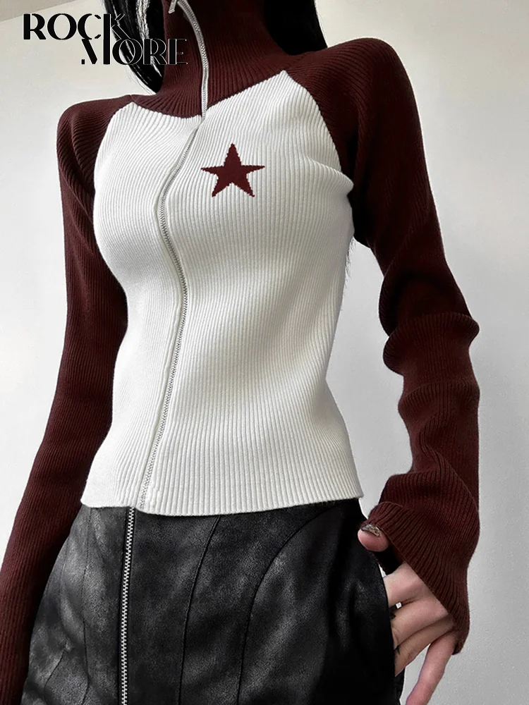 

Rockmore Vintage Star Graphics Sweater Zipper Turtleneck Cardigan Women Knitwear Slim Sweaters Coat y2k Female Casual Korean