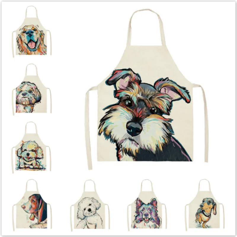 

1Pcs Men Women Dog Printed Cotton Linen Sleeveless Kitchen Home Hogar Aprons Pinafore Home Cleaning Tools 2 Size 68x55cm/47x38cm