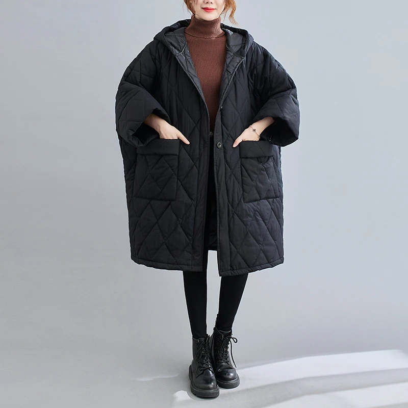 2023 Autumn and Winter Style Literary Long-sleeved Women's Loose Solid Color Mid-length Quilted Thick Hooded Cotton-padded Coat