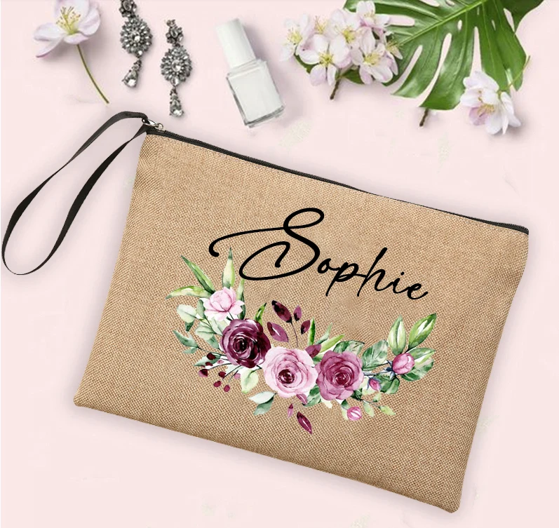 

Toiletry Makeup Cosmetic Linen Mujer Organizer Bags Personalised Flower Women Custom Neceser Pouch Bolsa Zipper Name Bag Travel