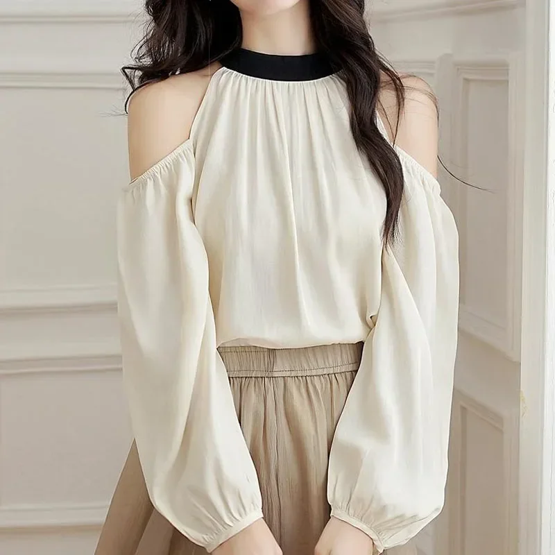 Осенняя женская блузка с круглым вырезом новая шифоновая без бретелек длинным