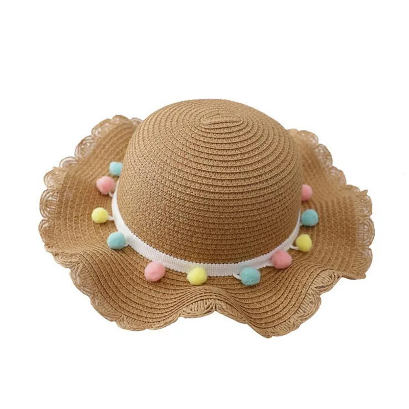 

Плетеная пляжная шляпа для девочек, Соломенная Панама с широкими полями и цветными помпонами для защиты от солнца, летняя портативная сумочка