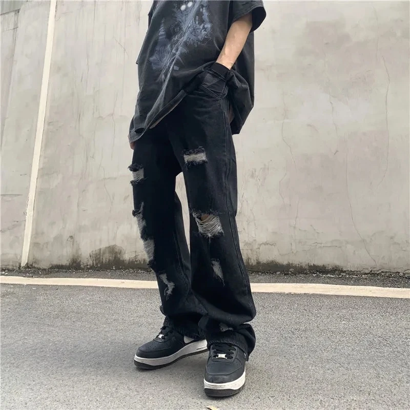 Men's Y2K Clothes High Street Streetwear Letters Embroidery Casual Baggy Jeans Men Straight Ripped Trousers Denim Wide Leg Pants