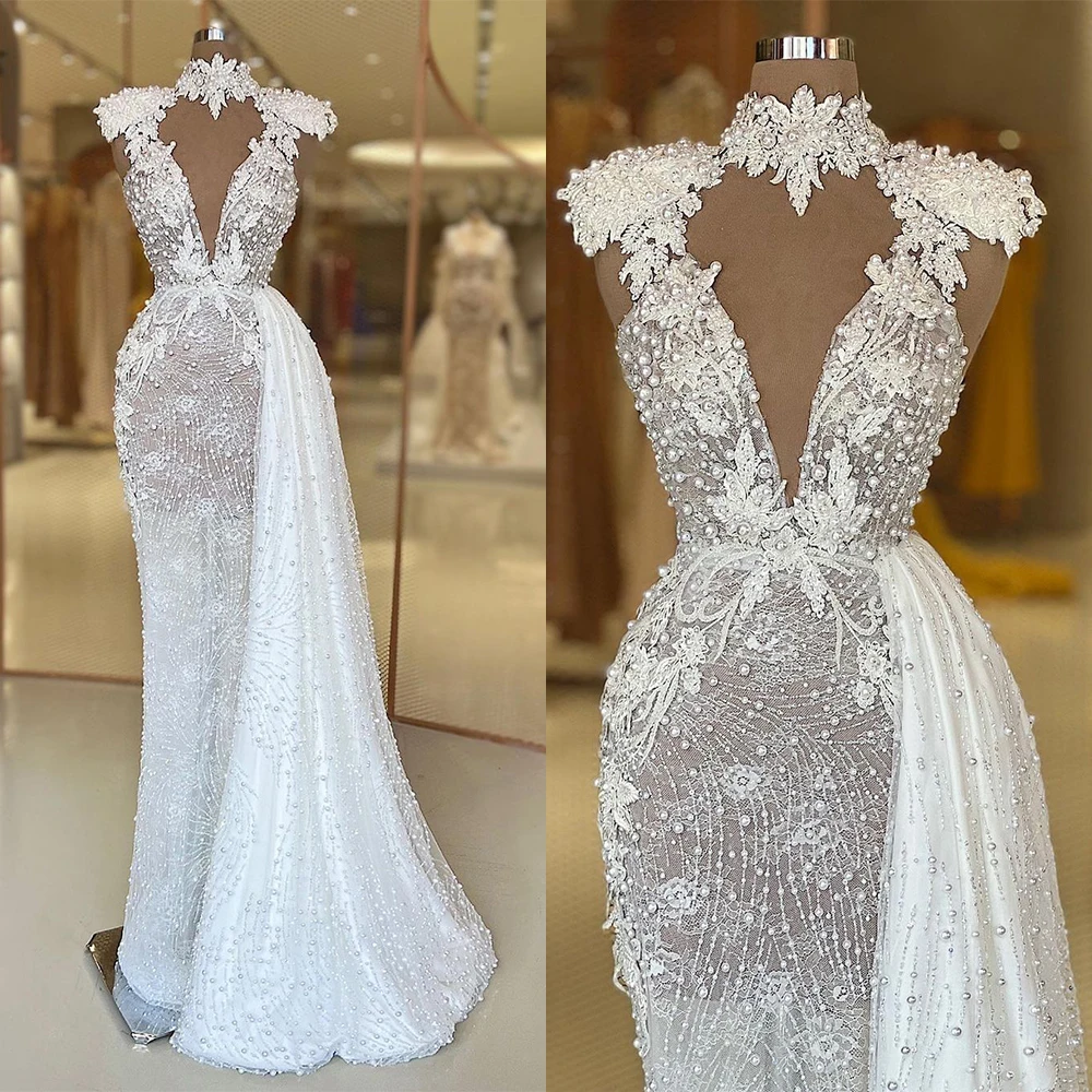 

Женское вечернее платье русалки, изысканное платье ручной работы из органзы с жемчугом и круглым вырезом, платье со шлейфом для особых случаев, платье для выпусквечерние вечера