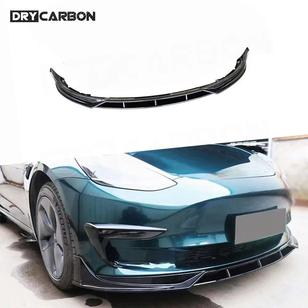 Carbon Look Front Bumper Lip Body Kit Gloss Black Front Lip Spoiler Diffuser Chin for Tesla Model 3