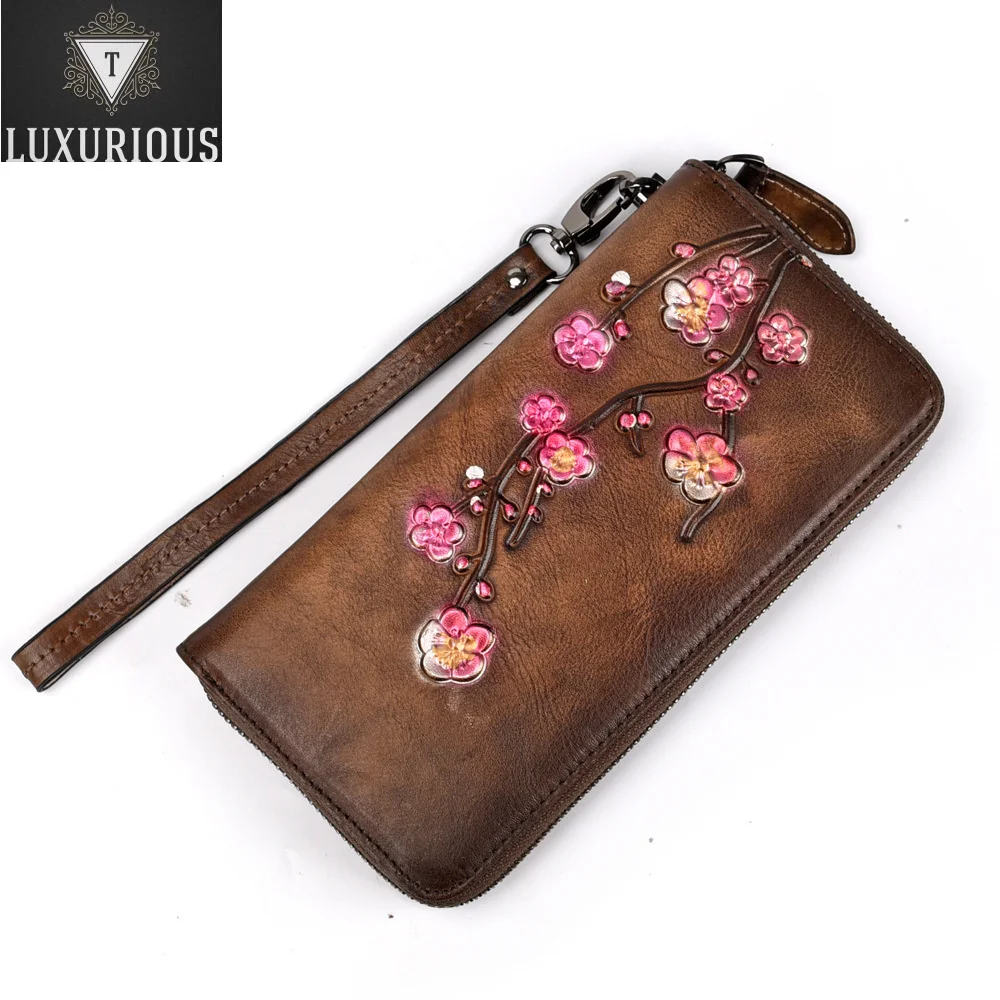 

Embossed Female Zipper Purse Clutch Wrist Bags Cards Clip Plum Flower Retro Money Handy Bag Genuine Leather Women Long Wallet