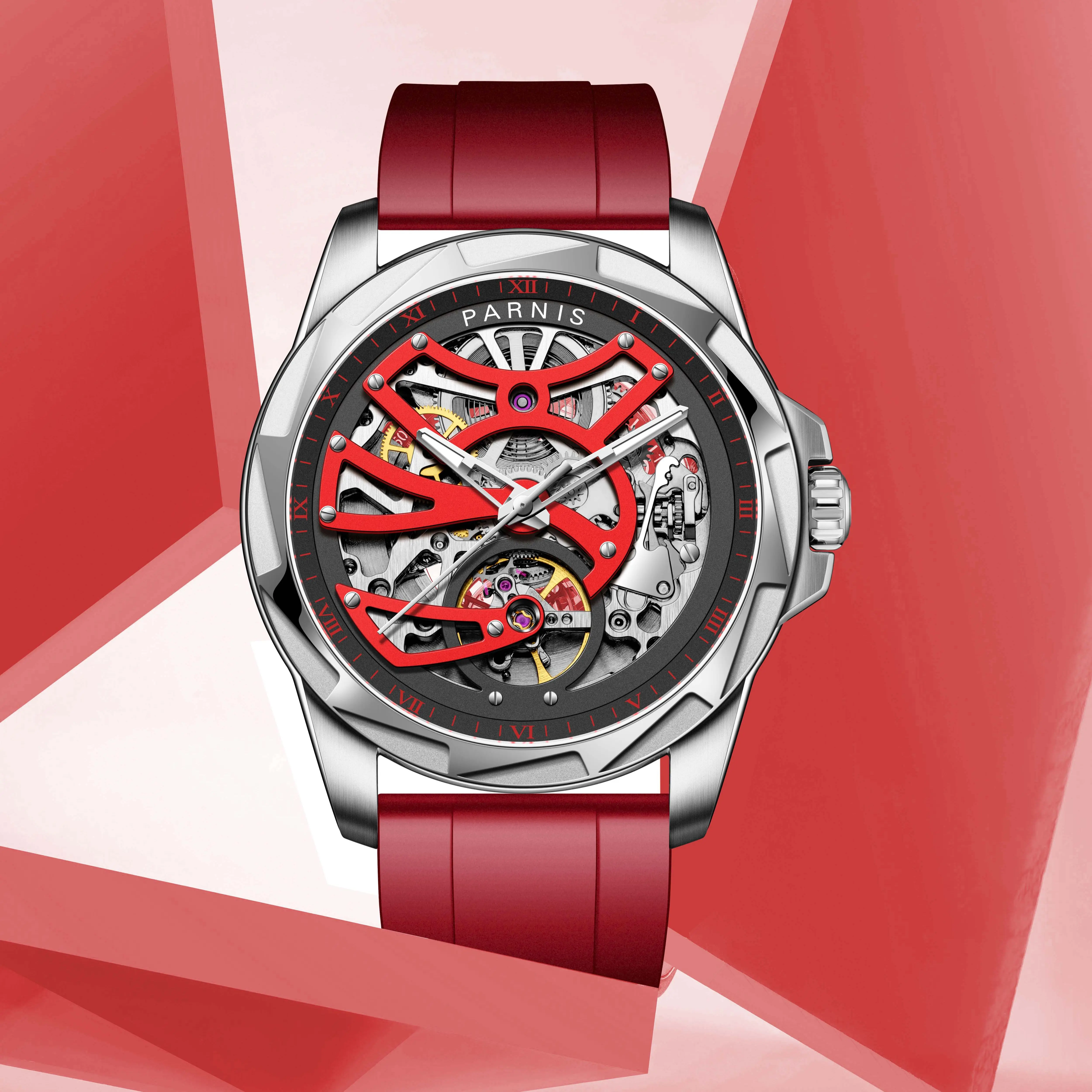 

Новое поступление, модные мужские автоматические механические роскошные часы Parnis с резиновым ремешком и красным циферблатом, 43 мм, с коробк...