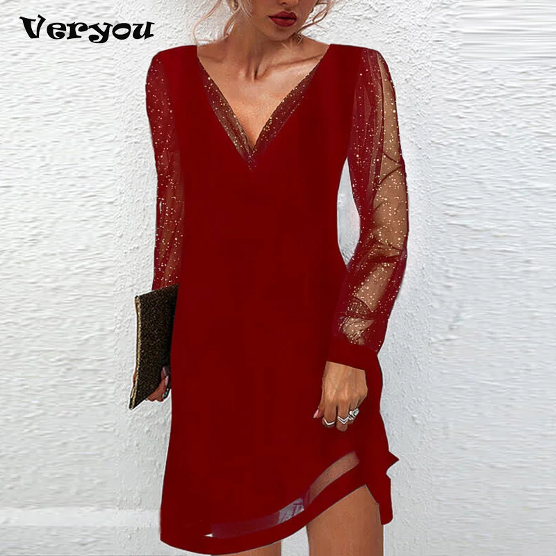 

Женское платье-мини с круглым вырезом, длинным рукавом и принтом