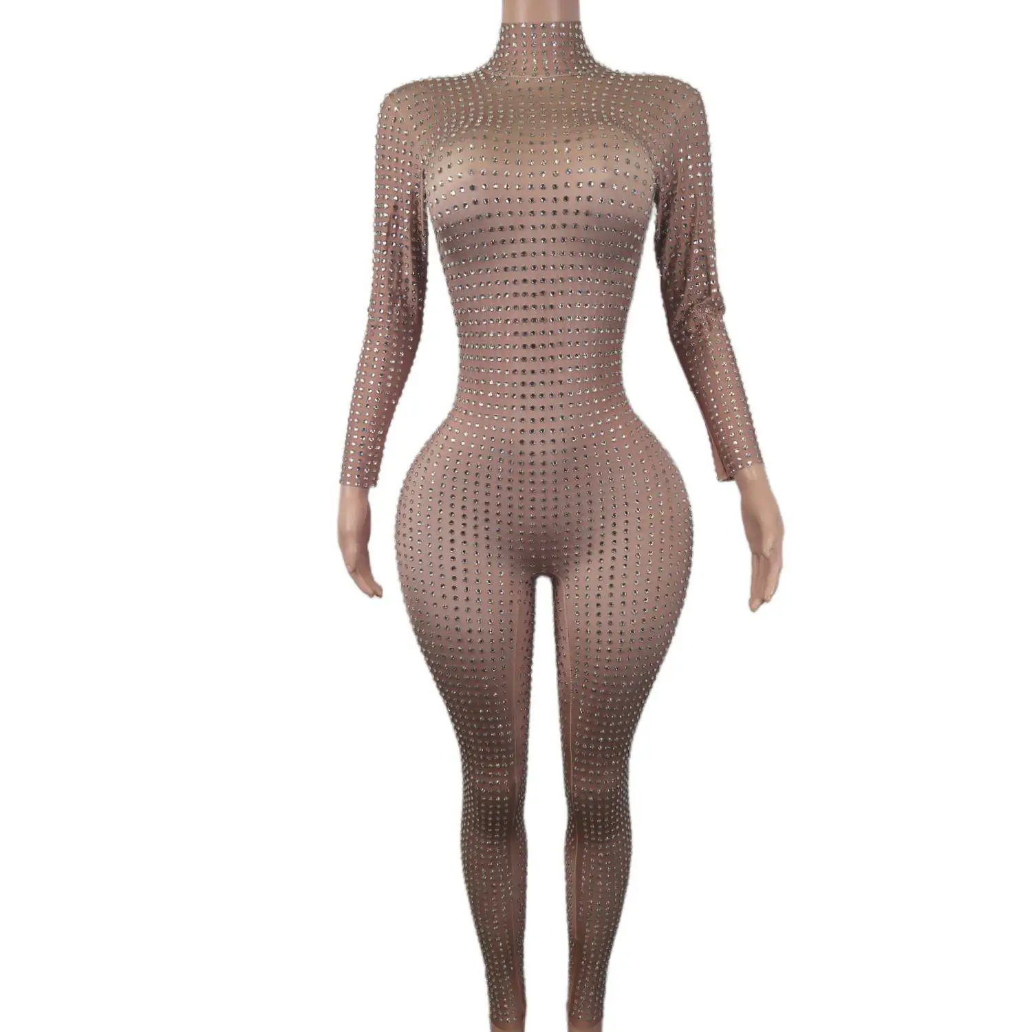 Блестящий женский цельный комбинезон со стразами сексуальный с длинным рукавом