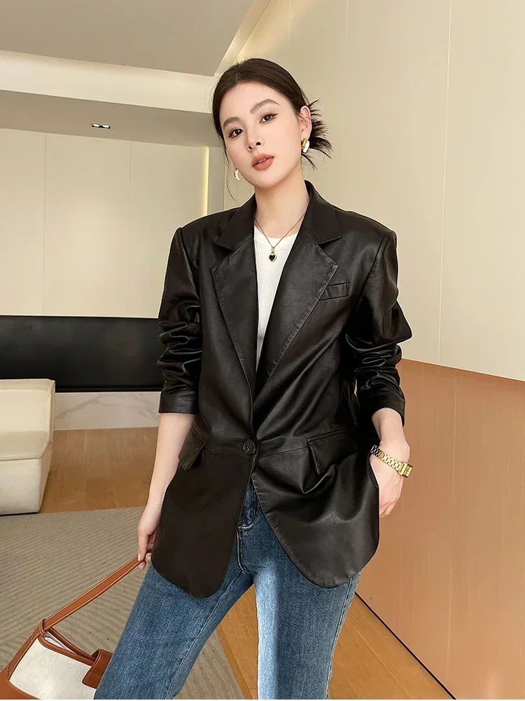 Женское черное пальто из овечьей шкуры роскошные блейзеры натуральной с одной