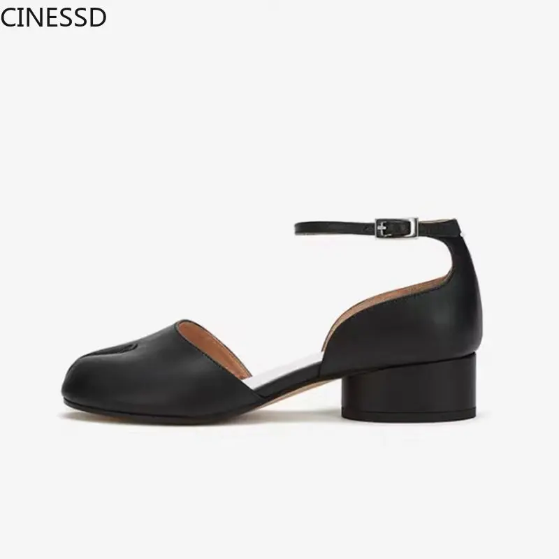 Women Split Toe Ninja Tabi Pumps Woman 6cm/3.5cm Heels Mary Janes Round High Heel Shoes Buckle Strap Shallow Sandals Shoes