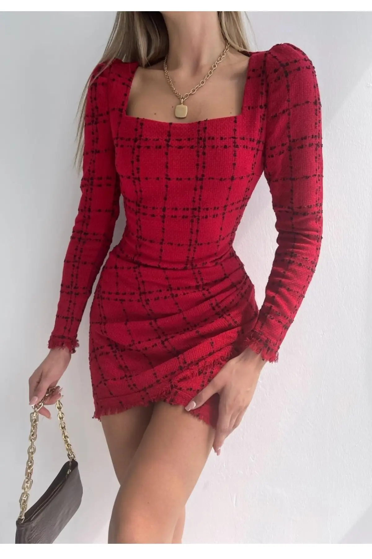 

Cotton Tweed Fabric Long-Sleeve Square Collar Red Dress 006 Fashion Forward Street Style Plaid/Plaids Bodycon Mini