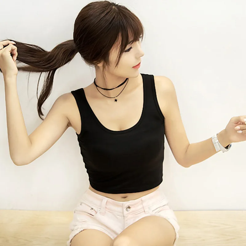 

Женский короткий топ, модный уличный Топ без рукавов для девушек, хлопковый сексуальный Повседневный однотонный тянущийся укороченный топ ...