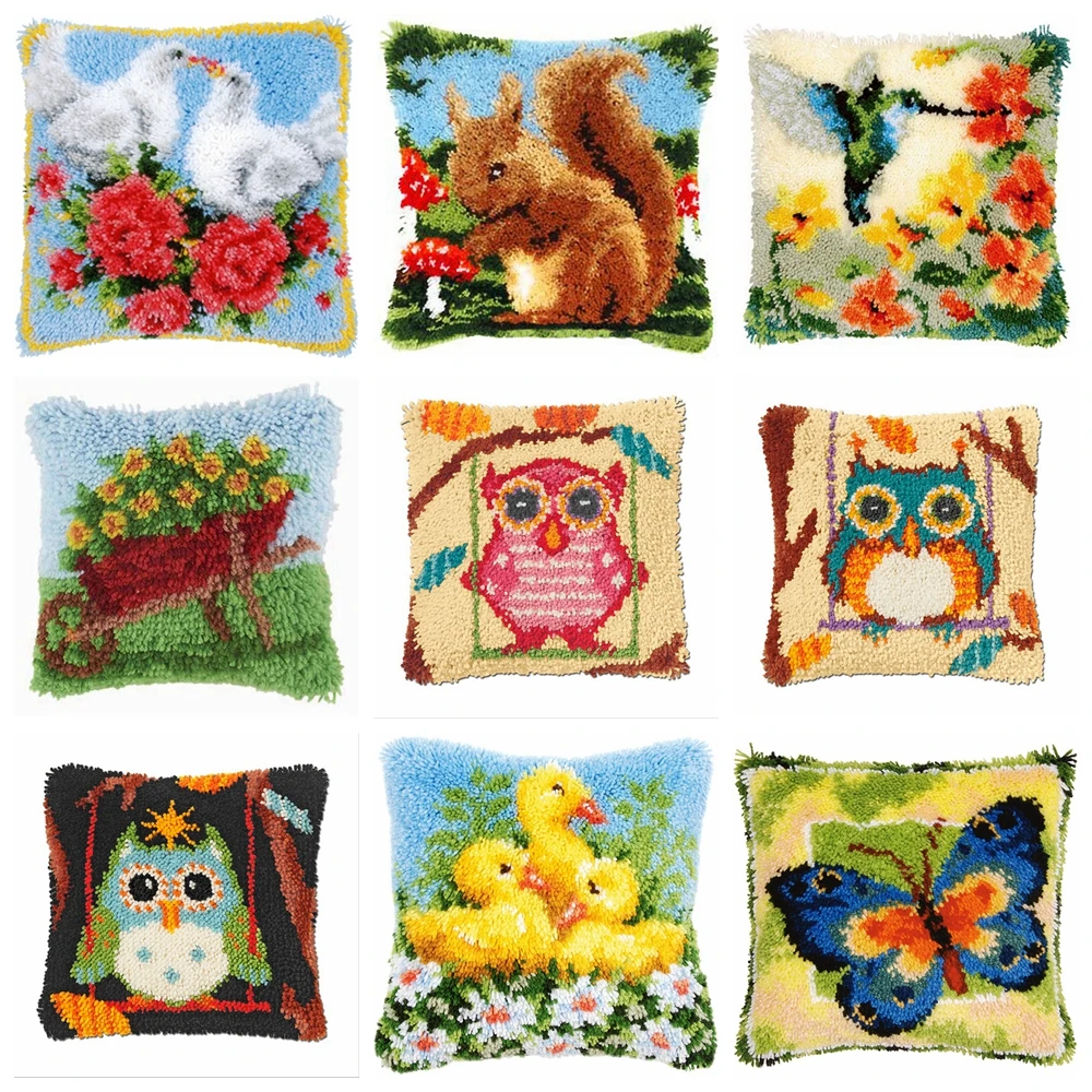 

Cartoon Animal 3D Segment Embroidery Pillow Set For Needlework Knitting Cute Owl Latch Hook Cushion Button Package knoopkussen