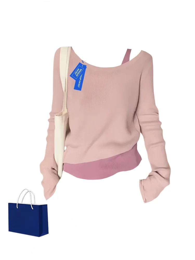 Wassup Kates Fake Two-Piece Base Knit Women Spring and Autumn Thin Long sleeve Unique Beautiful Top