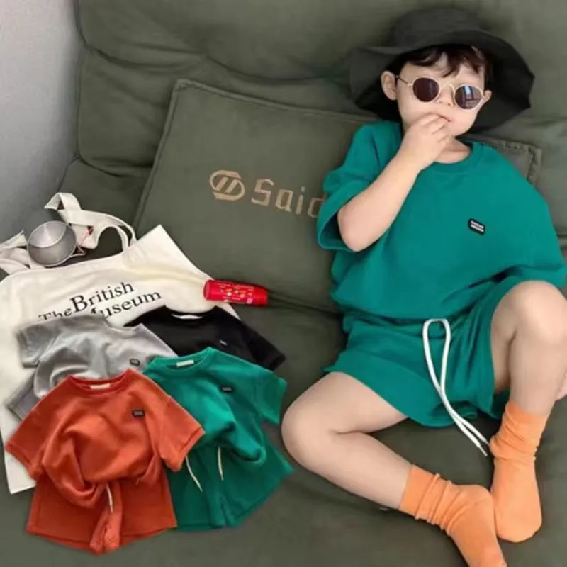 

Kids Boys Summer 2023 New Waffle Two Piece Short Sleeve Loose Casual Capris Set For Children KIds Outfits 2 3 4 5 6 7 8 9 T