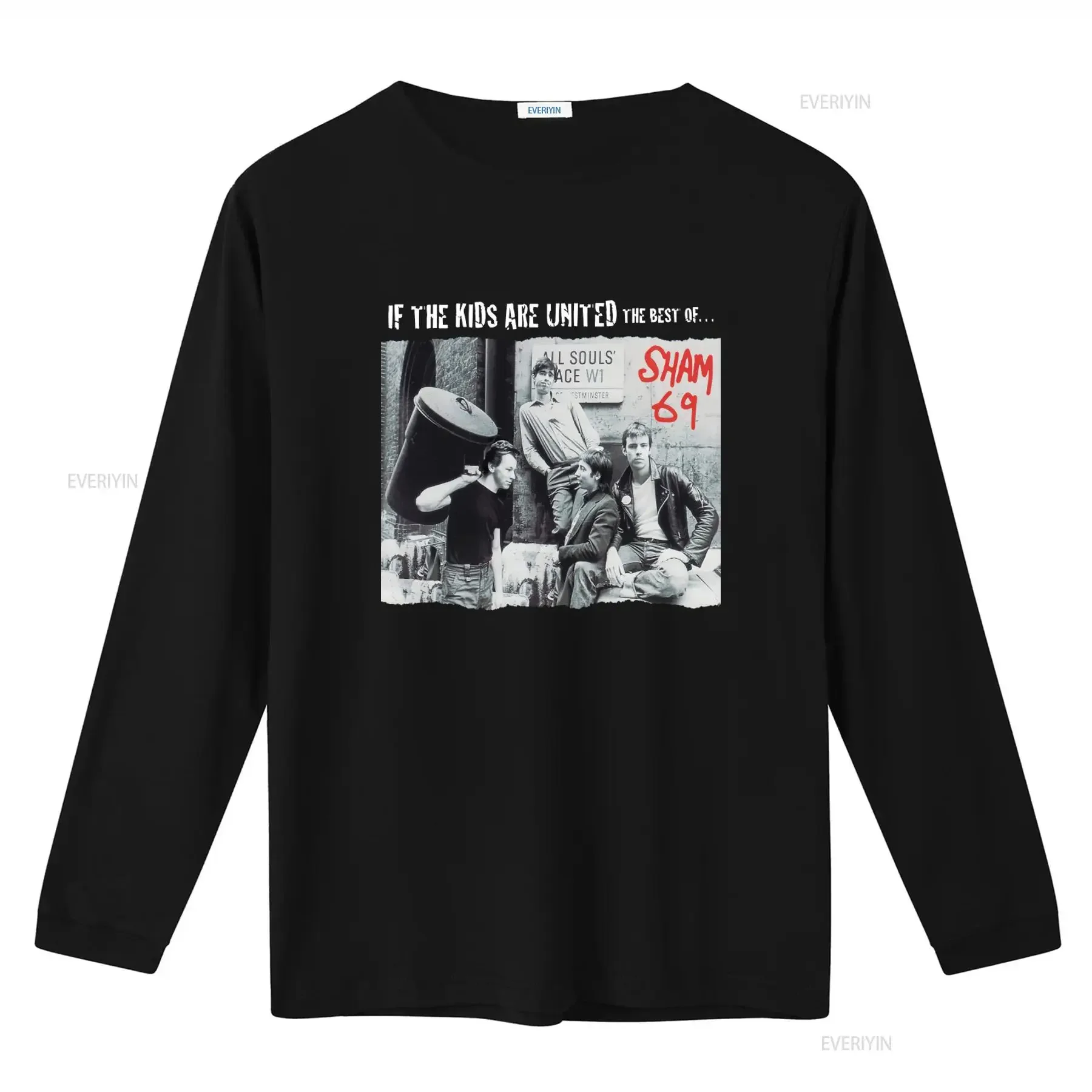 Фото Винтажная мужская футболка в стиле альбома Sham 69, черная, с дизайном All Souls' Place W1, доступные размеры, винтажная обработка, мягкая ткань. №2