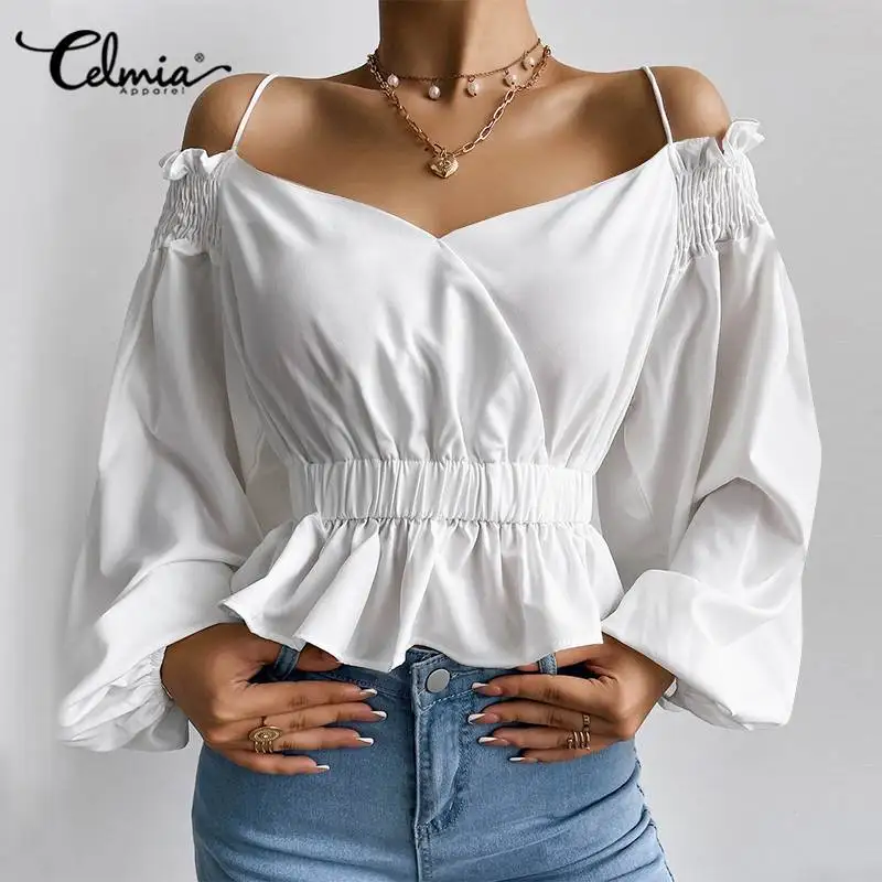 

Celmia Sweet Long Puff Sleeve Blouses 2022 Fashion Off Shoulder Sexy Straps Pleated Blusas Women Waisted Short Top Peplum Shirts