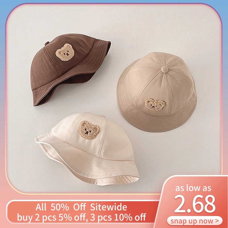

Cartoon Bear Baby Panama Hat Solid Color Infant Fisherman Cap Wide Brim Kids Visor Cotton Casual Toddler Bonnet Bucket Hat 어린이모자