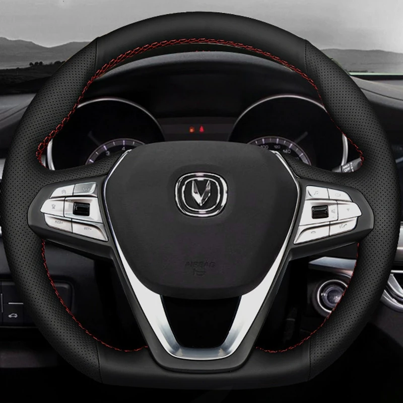 

DIY Черная натуральная кожа нескользящая дышащая автомобильная фурнитура Чехол на рулевое колесо для Changan Cx70 EADO Cs35 Auchan CS15 / CS75