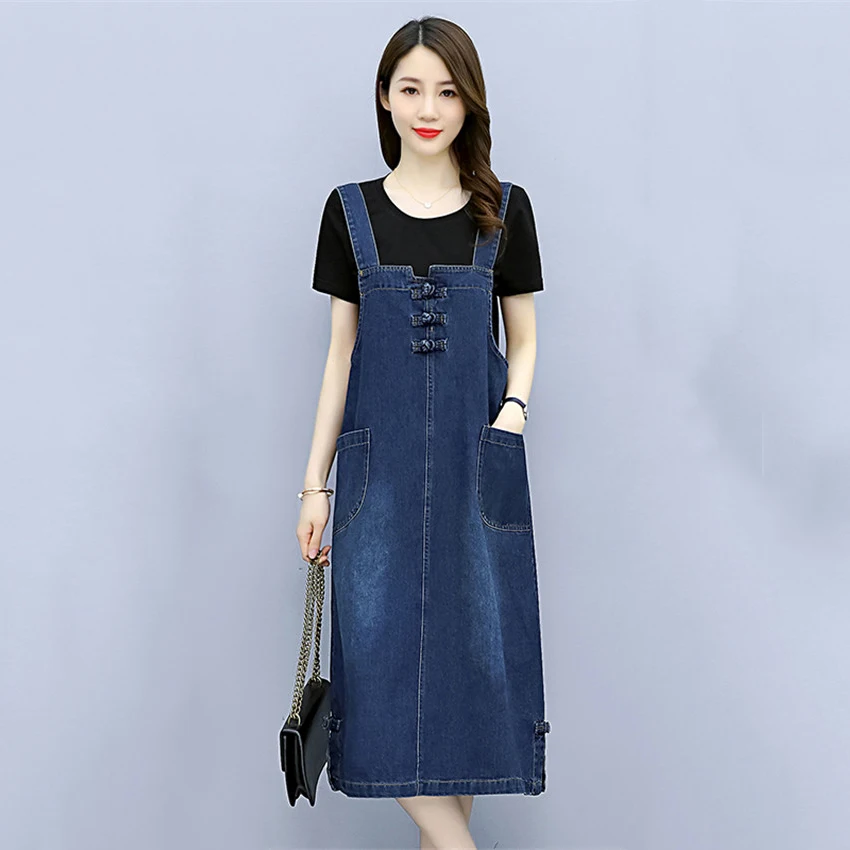

Korean Fashion Denim Sundress Preppy Style Midi Jeans Dress Women Suspenders Dresses Female Overalls Robe Femme