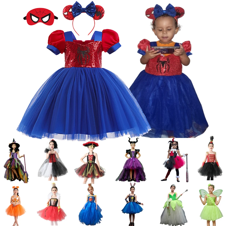 Encanto Spiderman Baby Girls Tutu Casual Dress Headband Alice Queen Of Hearts Halloween Cosplay Costumes Newborn Party Clothes