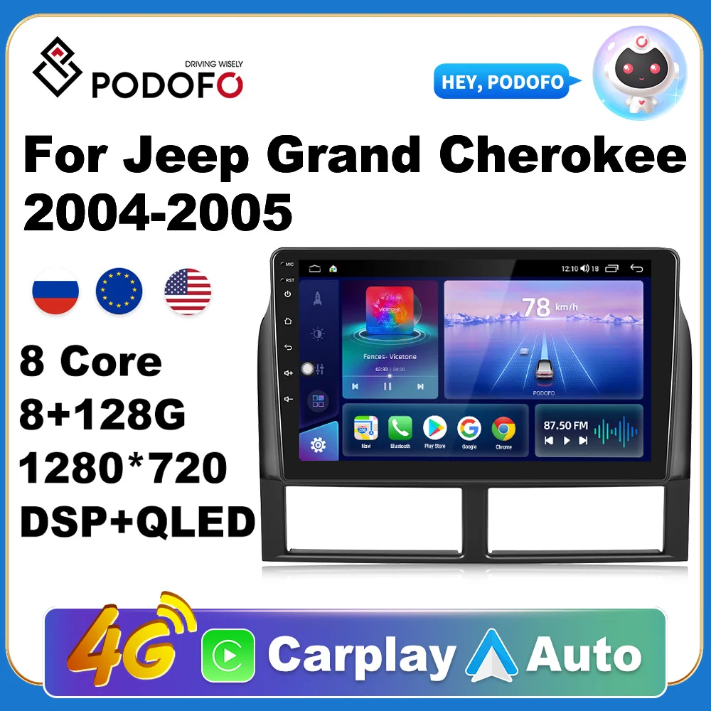 

PODOFO автомобильный Android CarPlay Радио мультимедийный плеер для Jeep Grand Cherokee 2004-2005 2 Din Авторадио Видео AI Voice 4G WiFi