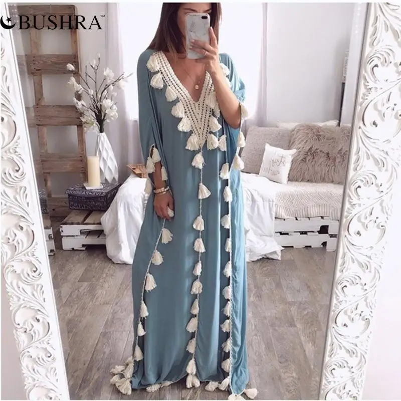 

BUSHRA European And American Hot Foreign Trade Women's Clothing Middle East Plus Size Robe V-neck Blouse Evening Dress Dress New