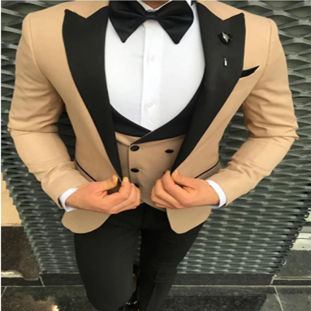 

New Fashion Champagne Groom Tuxedos Slim Fit Groom Suits Tailor Made Groomsmen Prom Party 3 Pieces Suits BlazerCostume Homme