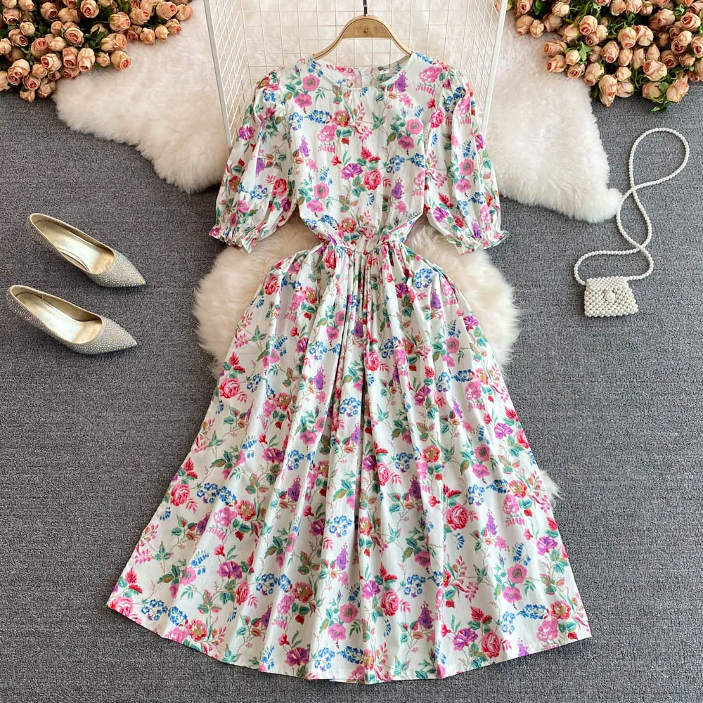 

Summer New French Bellflower First Love Sweet Mid-length Round Neck High Waist Slim Puff Sleeve Floral Dress Women's