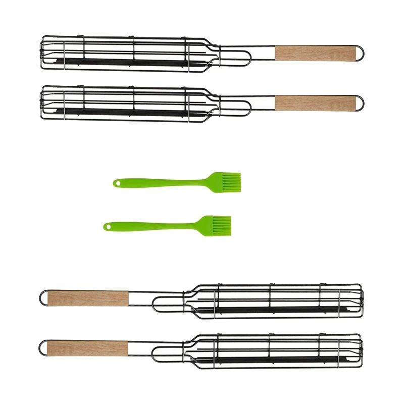 

Корзина для гриля Kabob с 2 силиконовыми щетками, многоразовый Прочный инструмент для барбекю с деревянной ручкой, сетка для гриля, 4 шт.