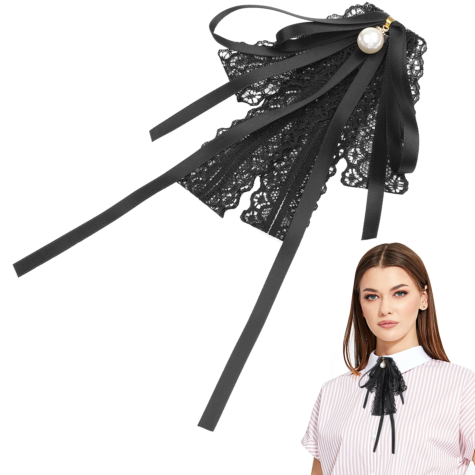 

Tie Bow Women Neck Lace Collar Pin Ribbon Tied Pre Necktie Clip Black Pearl Party Dress Shirt Ties Broach Bowtie Brooches S