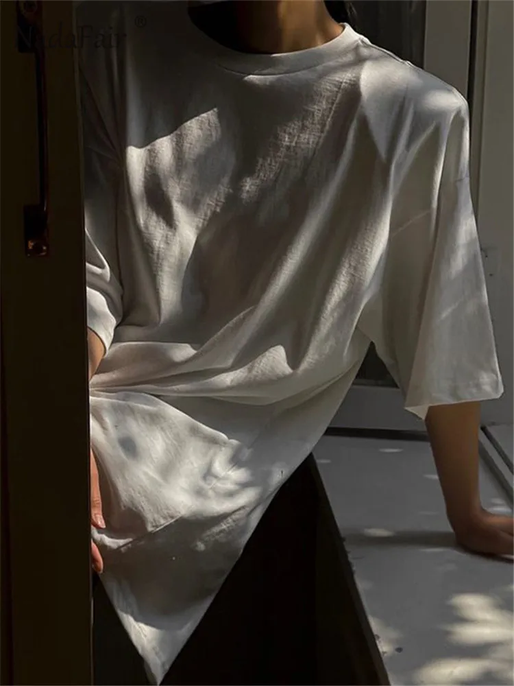 Nadafair Casual Oversized T Shirt with Shoulder Pads White Short Sleeve Korean Fashion Plus Size Summer Tee Femme Tops |
