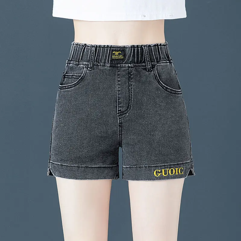 High Waist Plus Size Denim Shorts Women New Thin Booty Shorts Elastic Elastic Embroidery Slimming Wide Leg Shorts Women Clothing