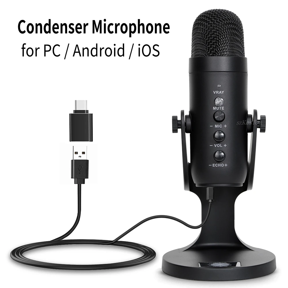 

USB Microphone With Type-C/IOS OTG Adapter Streaming Recording Condenser Microphone For PC Phone Singing Gaming Podcasting Mic