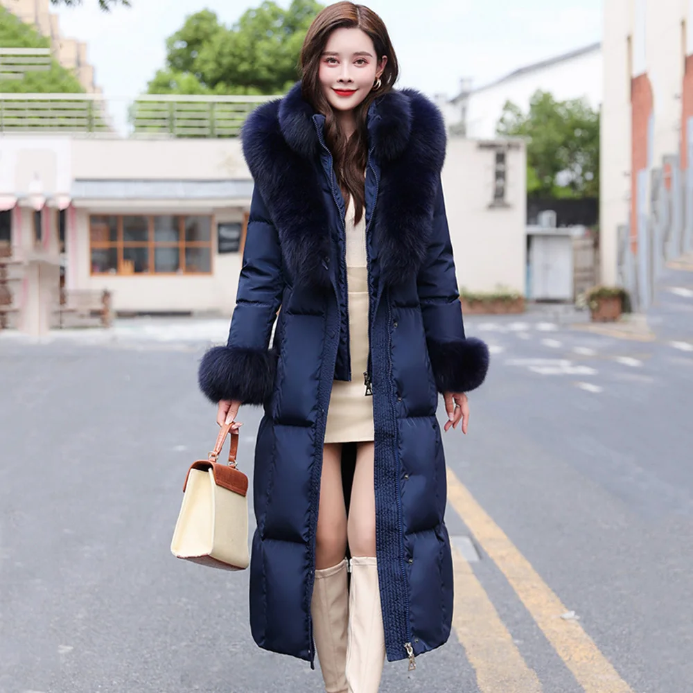 New Women Real Fur Stitching Down Coat Winter Hooded Double Fox Fur Collar Lace-up Belt Slim Thicken Warm Lengthened Down Jacket