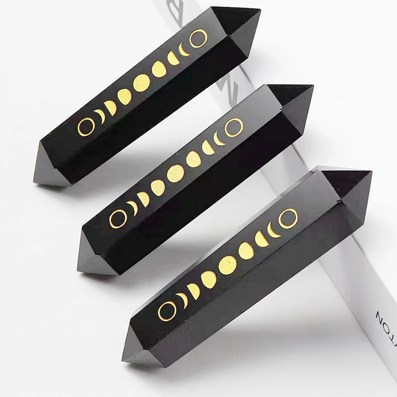 

Big Carve black obsidian stone moon phase crystal home decor double terminated quartz crystals wand tower prism 1pc