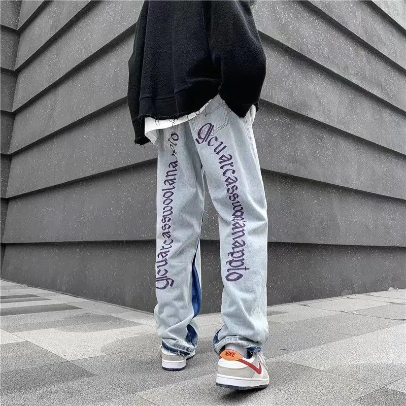 Letter Embroidered Jeans Men's Spring and Autumn Loose Straight Leg High Street Trousers Trendy ins Hip Hop Wide Leg Floor Tower