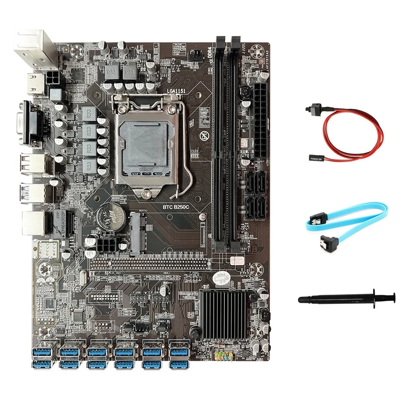 B250C BTC Mining Motherboard+SATA Cable+Switch Cable+Thermal Grease 12XPCIE To USB3.0 GPU Slot LGA1151 Miner Motherboard