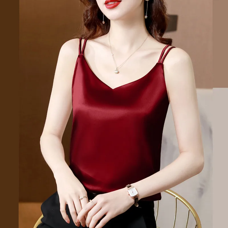 

Summer Silk Tank Top Women Korean Fashion SATIN Black Office Lady Spaghetti Strap Tank Top White Halter Top for Women Cami