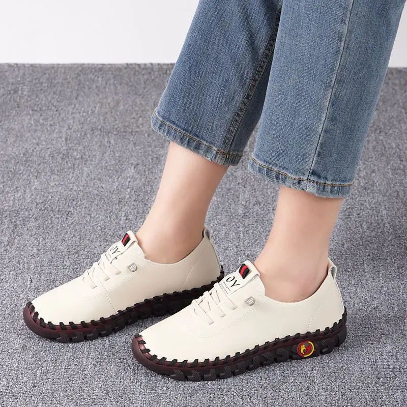 Orthopedic pu leather loafers womens flats nurse shoes leather moccasins for women 43 size ladies lace up flats mother shoes new