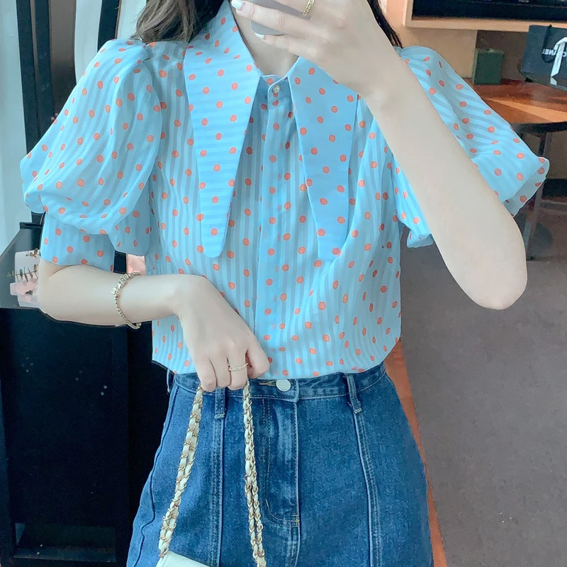 

XIAOMI Summer Blouse Women Blusas Mujer De Moda Verano Elegantes Dot Striped Chiffon Blouse Shirt Blouses Women Tops Shirts