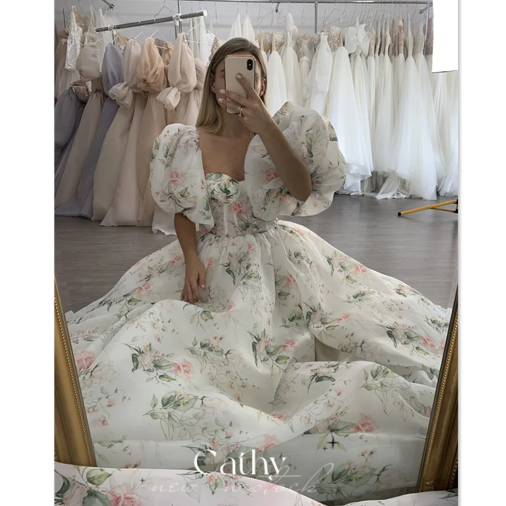 

Cathy Sweet فساتين السهرة Flower Print Prom Dress 2023 Sweetheart Party Dresses Princess Puffy Sleeve Silk Vestidos De Noche