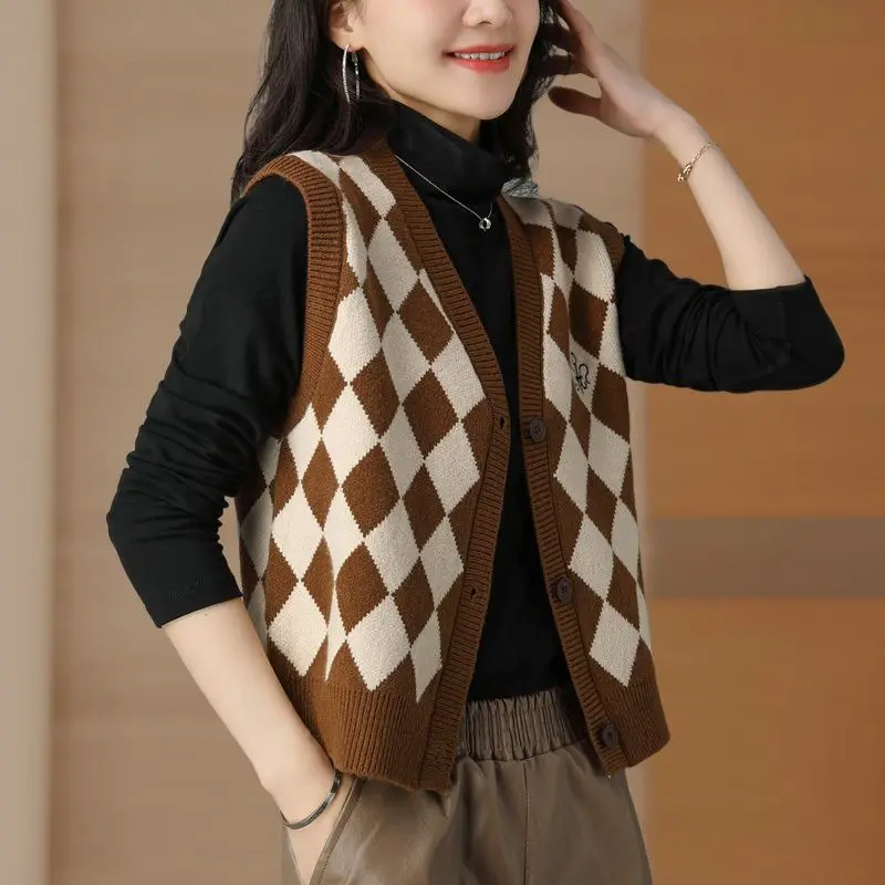 

Осенний кардиган Chessboard, вязаный жилет, Женская корейская модная вязаная одежда, свободный клетчатый свитер, жилет без рукавов, повседневный M53