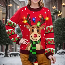 여성용 LED 라이트 업 스웨터, 크리스마스 만화 순록 엘크 니트 풀오버, 재미있는 파티 점퍼 탑, 레드 크리스마스 추한 스웨터