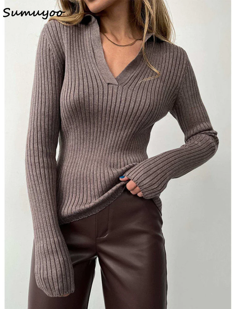 

Sumuyoo 2022 Basic Women Polo Collar Sweaters Autumn Winter Tops Slim Pullover Knitted Sweater Jumper Female Soft Warm Pull New