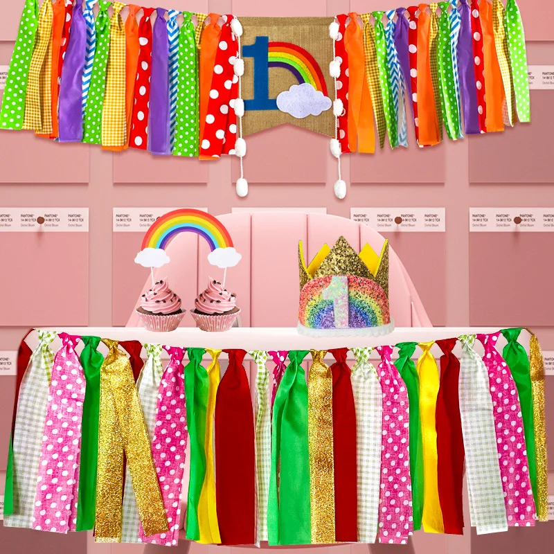 Детский день рождения Радужный флаг День Шляпа Табличка для торта Красочная юбка