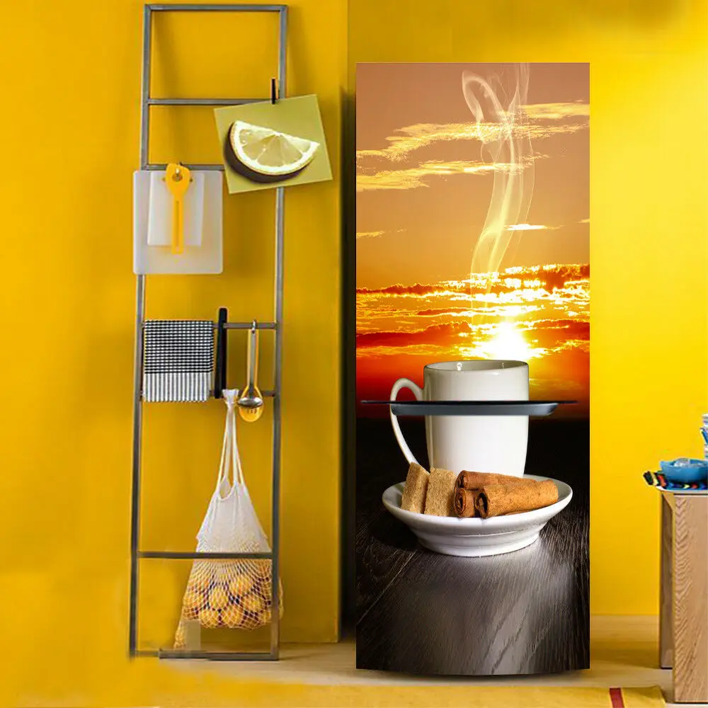 

Creative Coffee Cup Refrigerator Stickers Adhesive Vinyl Eiffel Tower Closet Fridge Door Full Covering Art Mural 3D Wallpaper