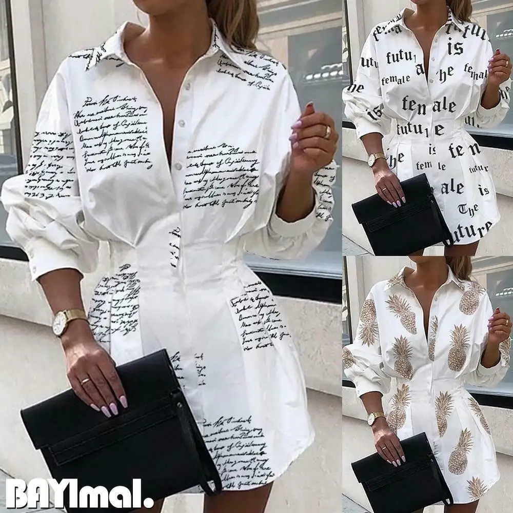 

2023 New Fashion Polo Collar Print Waist Wrap Shirt Lantern Sleeve Shirt Female